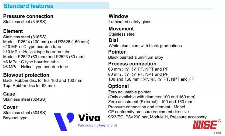 Catalog vật liệu chế tạo đồng hồ đo áp suất Wise P252