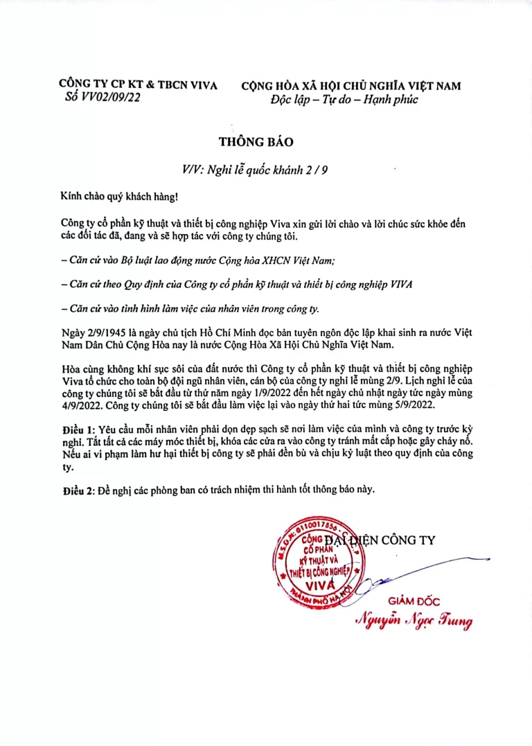thông báo nghỉ lễ mùng 2 tháng 9 viva