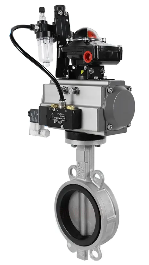 Van bướm khí nén kèm công tắc hành trình và van điện từ.