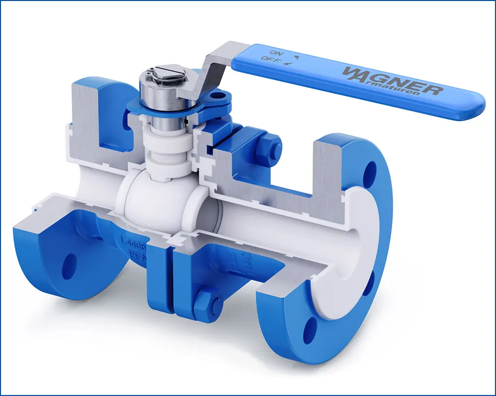 Bên trong một van bi được lót hoàn toàn bằng ptfe