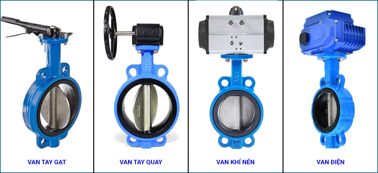 4 loại van bướm phổ biến: van bướm tay gạt, tay quay, điều khiển khí nén và van bướm điện