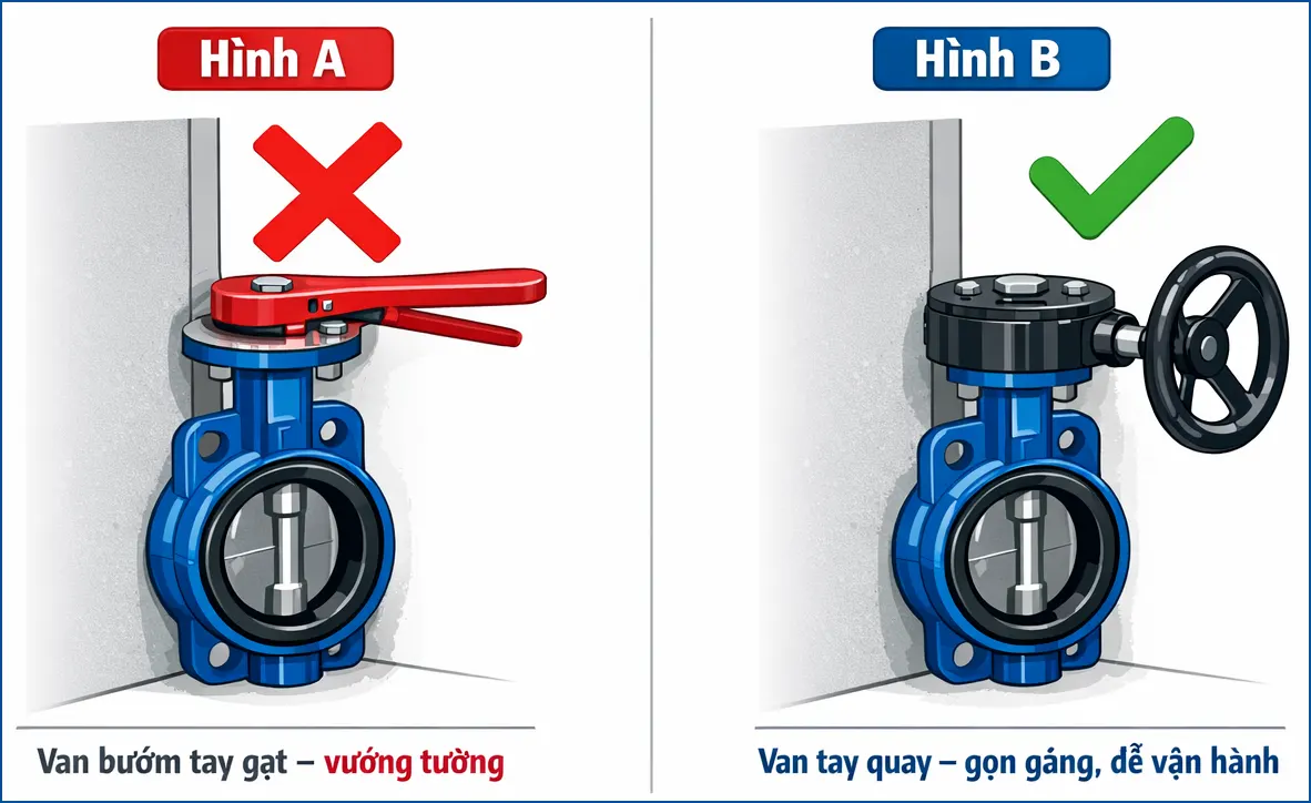 So sánh không gian lắp đặt van bướm tay gạt và tay quay